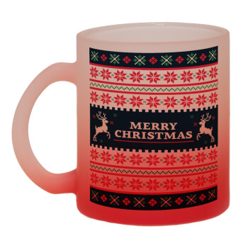 Merry Christmas Vintage, Κούπα γυάλινη δίχρωμη με βάση το κόκκινο ματ, 330ml