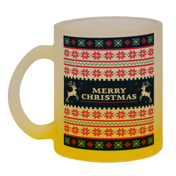 Merry Christmas Vintage, Κούπα γυάλινη δίχρωμη με βάση το κίτρινο ματ, 330ml