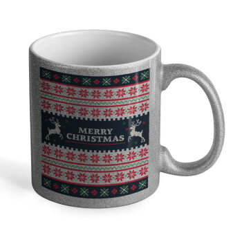 Merry Christmas Vintage, Κούπα Ασημένια Glitter που γυαλίζει, κεραμική, 330ml