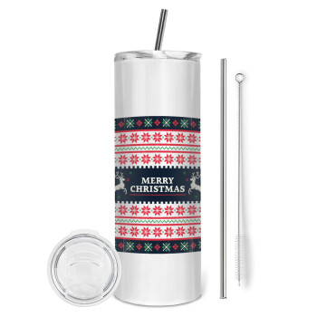 Merry Christmas Vintage, Eco friendly stainless steel tumbler 600ml, with metal straw & cleaning brush