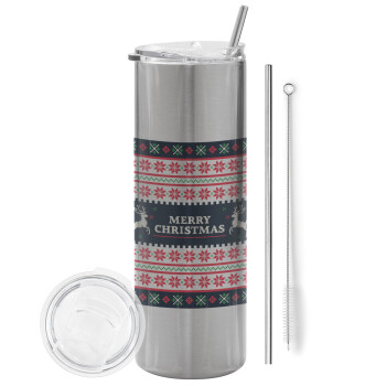 Merry Christmas Vintage, Eco friendly stainless steel Silver tumbler 600ml, with metal straw & cleaning brush