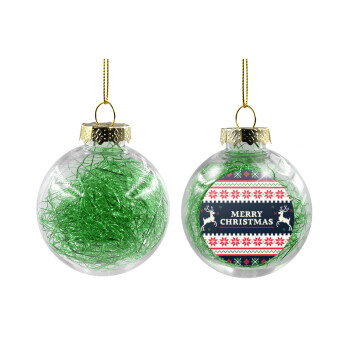 Merry Christmas Vintage, Χριστουγεννιάτικη μπάλα δένδρου διάφανη με πράσινο γέμισμα 8cm