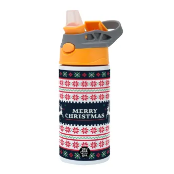 Merry Christmas Vintage, Παιδικό παγούρι θερμό, ανοξείδωτο, με καλαμάκι ασφαλείας, Πορτοκαλί/Γκρι (360ml) BPA-FREE