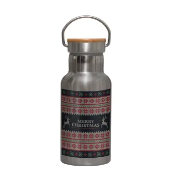 Merry Christmas Vintage, Stainless steel metallic thermos flask, silver with a bamboo lid, double-walled, 350ml.
