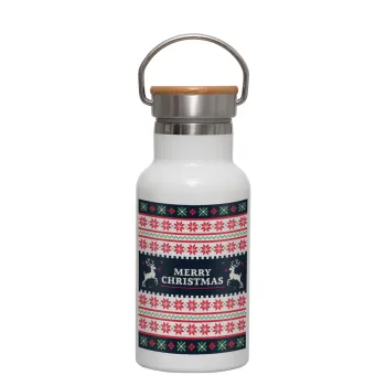 Merry Christmas Vintage, Metallic thermos (Stainless steel) White with wooden lid (bamboo), double-walled, 350ml