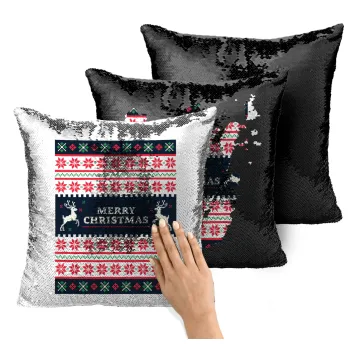 Merry Christmas Vintage, Μαξιλάρι καναπέ Μαγικό Μαύρο με πούλιες 40x40cm περιέχεται το γέμισμα