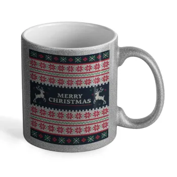 Merry Christmas Vintage, Κούπα Ασημένια Glitter που γυαλίζει, κεραμική, 330ml