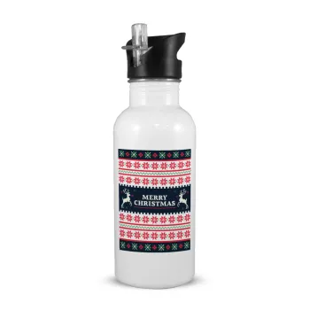 Merry Christmas Vintage, Παγούρι νερού Λευκό με καλαμάκι, ανοξείδωτο ατσάλι 600ml