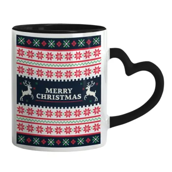 Merry Christmas Vintage, Κούπα καρδιά χερούλι μαύρη, κεραμική, 330ml