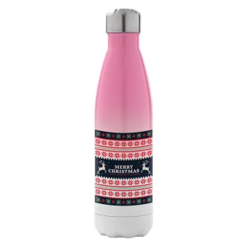 Merry Christmas Vintage, Μεταλλικό παγούρι θερμός Ροζ/Λευκό (Stainless steel), διπλού τοιχώματος, 500ml