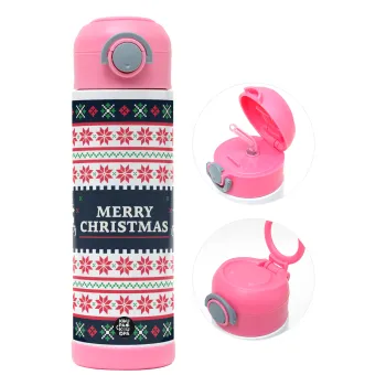 Merry Christmas Vintage, Παιδικό παγούρι θερμό, ανοξείδωτο, με καλαμάκι ασφαλείας, ΡΟΖ (500ml)