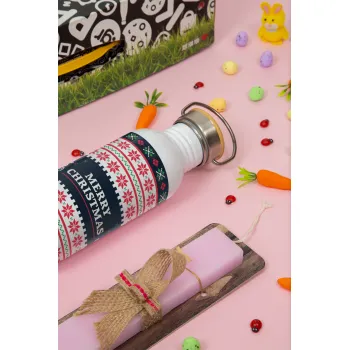 Merry Christmas Vintage, Πασχαλινή Λαμπάδα με παγούρι μεταλλικό (620ml, stainless steel) & κερί αρωματικό πλακέ (30cm) (ΡΟΖ)