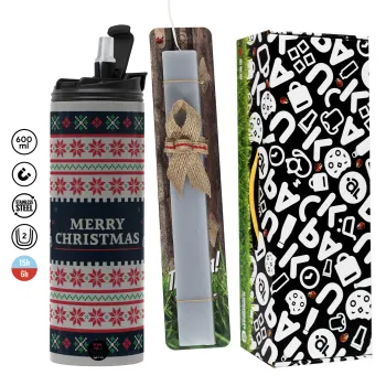 Merry Christmas Vintage, Πασχαλινή Λαμπάδα με Travel Tumbler θερμό (600ml, BPA free) & κερί αρωματικό πλακέ (30cm) (ΓΚΡΙ)