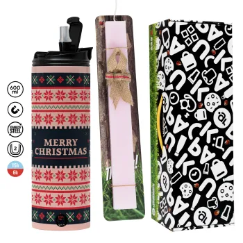 Merry Christmas Vintage, Πασχαλινή Λαμπάδα με  ΡΟΖ Travel Tumbler θερμό (600ml, BPA free) & κερί αρωματικό πλακέ (30cm) (ΡΟΖ)