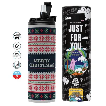 Merry Christmas Vintage, Tumbler ποτήρι θερμό ΓΚΡΙ από ανοξείδωτο ατσάλι 600ml