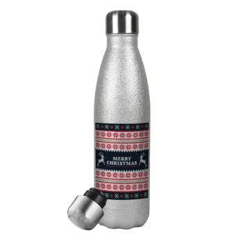 Merry Christmas Vintage, Μεταλλικό παγούρι θερμός Glitter Aσημένιο (Stainless steel), διπλού τοιχώματος, 500ml
