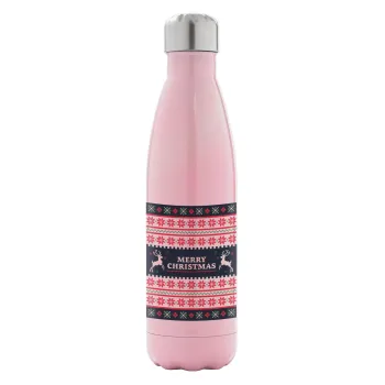 Merry Christmas Vintage, Metal mug thermos Pink Iridiscent (Stainless steel), double wall, 500ml