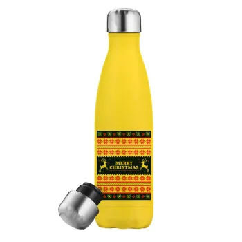 Merry Christmas Vintage, Yellow Stainless Steel Metallic Thermos, double-walled, 500ml