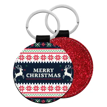 Merry Christmas Vintage, Μπρελόκ Δερματίνη, στρογγυλό ΚΟΚΚΙΝΟ (5cm)