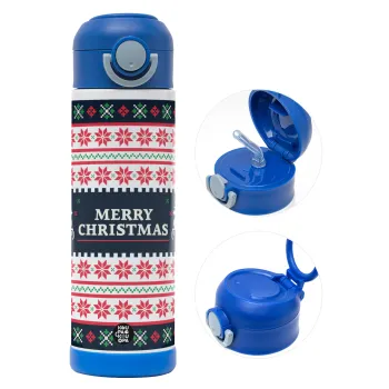 Merry Christmas Vintage, Παιδικό παγούρι θερμό, ανοξείδωτο, με καλαμάκι ασφαλείας, ΜΠΛΕ (500ml)