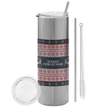 Merry Christmas Vintage, Tumbler ποτήρι θερμό Ασημένιο από ανοξείδωτο ατσάλι 600ml, με μεταλλικό καλαμάκι & βούρτσα καθαρισμού