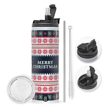 Merry Christmas Vintage, Travel Tumbler 2 Lids, with metal straw & cleaning brush (Stainless steel 304 Food grade, BPA free, 600ml)