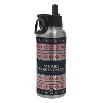 Merry Christmas Vintage, Metal mug thermo Silver with Straw and Spout Lid (Stainless steel), double wall, 950ml