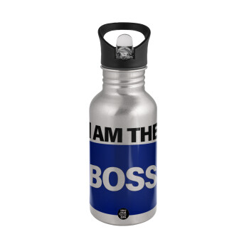 I am the Boss, Water bottle Silver with straw, stainless steel 500ml