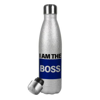 I am the Boss, Μεταλλικό παγούρι θερμός Glitter Aσημένιο (Stainless steel), διπλού τοιχώματος, 500ml