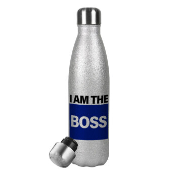 I am the Boss, Metallic Glitter Silver Thermos Flask (Stainless steel), double-walled, 500ml