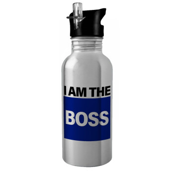 I am the Boss, Water bottle Silver with straw, stainless steel 600ml