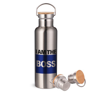 I am the Boss, Stainless steel Silver with wooden lid (bamboo), double wall, 750ml