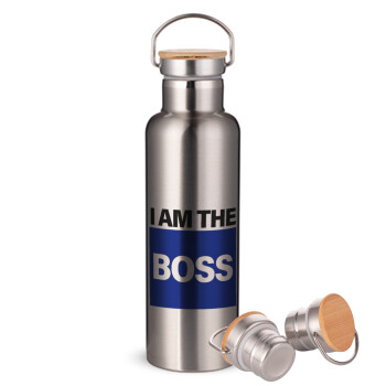 I am the Boss, Μεταλλικό παγούρι θερμός (Stainless steel) Ασημένιο με ξύλινο καπακι (bamboo), διπλού τοιχώματος, 750ml