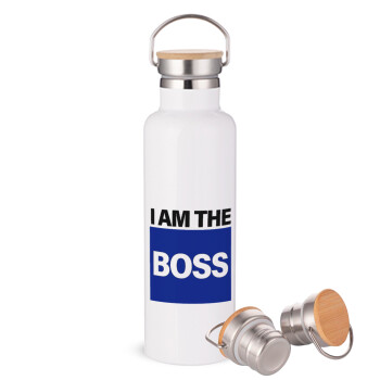I am the Boss, Μεταλλικό παγούρι θερμός (Stainless steel) Λευκό με ξύλινο καπάκι (bamboo), διπλού τοιχώματος, 750ml