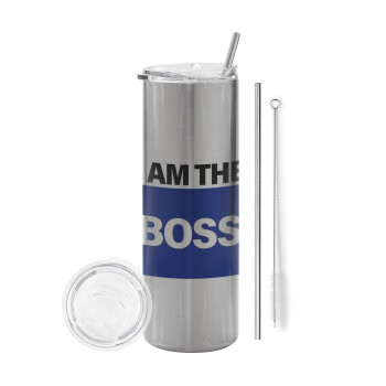 I am the Boss, Eco friendly ποτήρι θερμό Ασημένιο (tumbler) από ανοξείδωτο ατσάλι 600ml, με μεταλλικό καλαμάκι & βούρτσα καθαρισμού