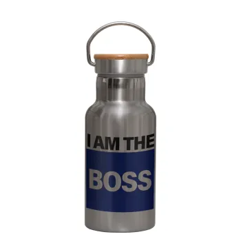 I am the Boss, Stainless steel metallic thermos flask, silver with a bamboo lid, double-walled, 350ml.