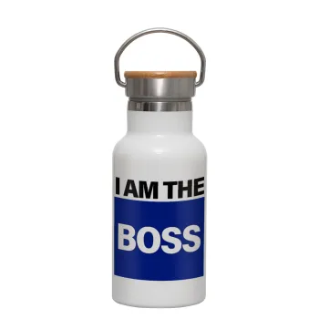 I am the Boss, Metallic thermos (Stainless steel) White with wooden lid (bamboo), double-walled, 350ml