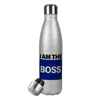 I am the Boss, Μεταλλικό παγούρι θερμός Glitter Aσημένιο (Stainless steel), διπλού τοιχώματος, 500ml