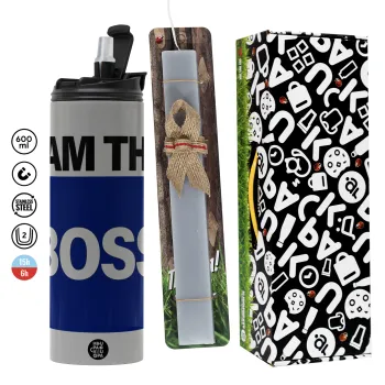 I am the Boss, Πασχαλινή Λαμπάδα με Travel Tumbler θερμό (600ml, BPA free) & κερί αρωματικό πλακέ (30cm) (ΓΚΡΙ)