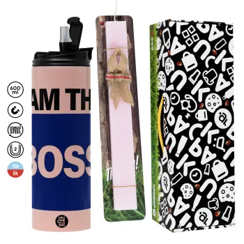 I am the Boss, Πασχαλινή Λαμπάδα με  ΡΟΖ Travel Tumbler θερμό (600ml, BPA free) & κερί αρωματικό πλακέ (30cm) (ΡΟΖ)