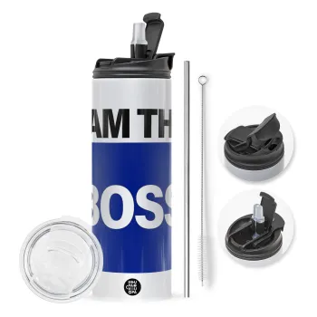 I am the Boss, Travel Tumbler 2 Lids, with metal straw & cleaning brush (Stainless steel 304 Food grade, BPA free, 600ml)