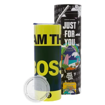 I am the Boss, Neon Yellow Travel Tumbler θερμό, μεταλλικό καλαμάκι(Ανωξείδωτο 304 Food grade, BPA free, 600ml)