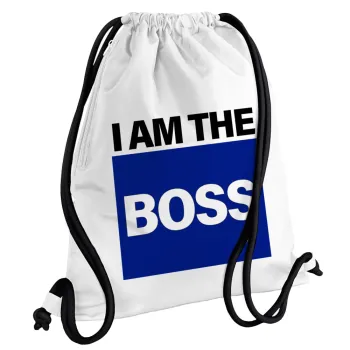 I am the Boss, Backpack pouch GYMBAG white, with pocket (40x48cm) & thick cords