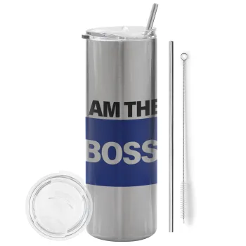 I am the Boss, Tumbler ποτήρι θερμό Ασημένιο από ανοξείδωτο ατσάλι 600ml, με μεταλλικό καλαμάκι & βούρτσα καθαρισμού