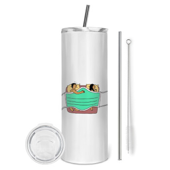 Couple in bed, Eco friendly stainless steel tumbler 600ml, with metal straw & cleaning brush