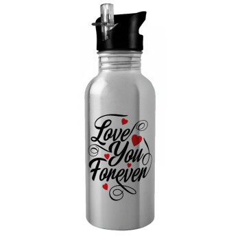 Love you forever, Water bottle Silver with straw, stainless steel 600ml