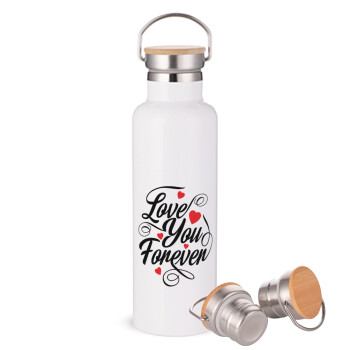 Love you forever, Stainless steel White with wooden lid (bamboo), double wall, 750ml