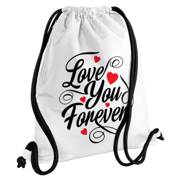 Love you forever, Backpack pouch GYMBAG white, with pocket (40x48cm) & thick cords