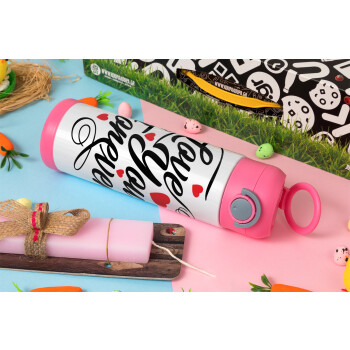 Love you forever, Πασχαλινή Λαμπάδα με Παιδικό παγούρι θερμό, ανοξείδωτο, με καλαμάκι ασφαλείας, ΡΟΖ (500ml)