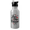 Water bottle Silver with straw, stainless steel 600ml